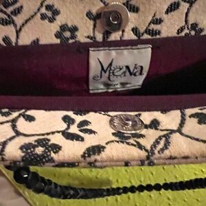 MENA New York Black & White Embroidered W/ Fringe and Beaded Handle Mini Purse